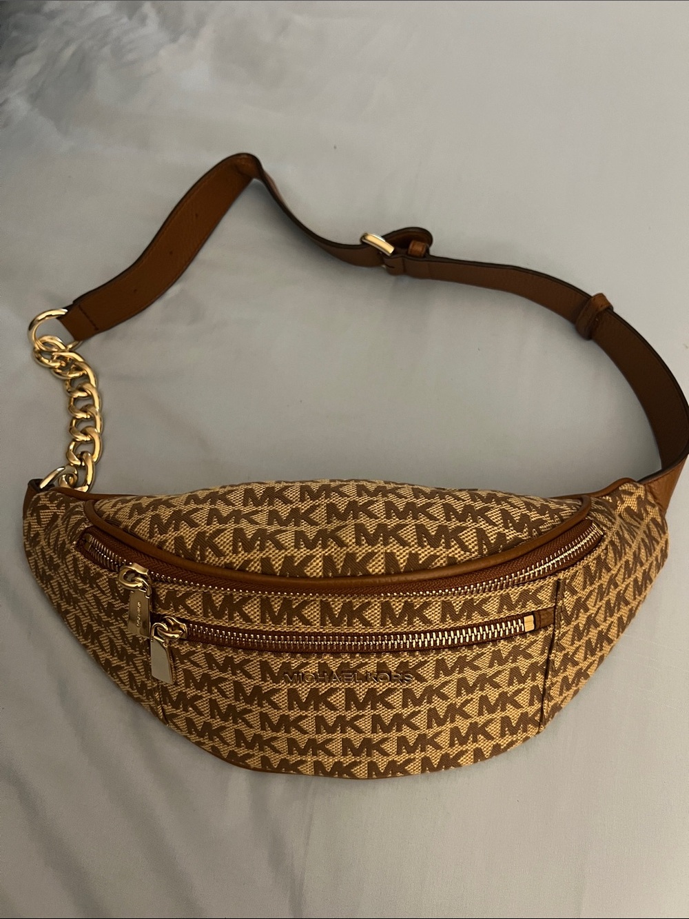 Michael Kors Brown/Tan MK Logo Crossbody Belt Bag with Gold Hardware - Picture 1 of 1